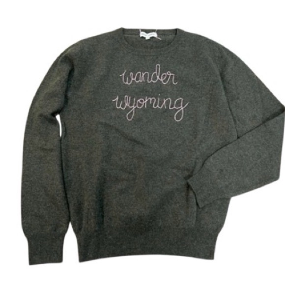 Lingua Franca Sweaters - LINGUA FRANCA SWEATER CASHMERE DESIGNER Moss Hand Embroidered “Wander Wyoming” S